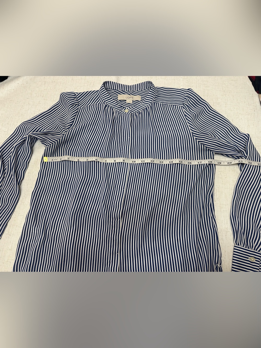 LOFT Navy and White Vertical-Stripe Button Blouse - Picture 7 of 11